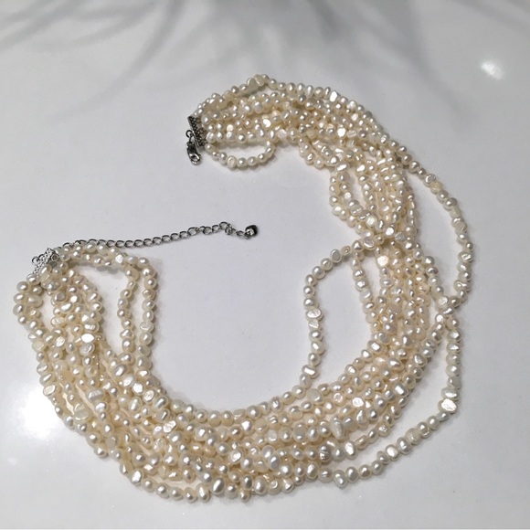 Multi 8 Strand 925 Natural White Freshwater Pearl Necklace Sterling Silver - Picture 2 of 6